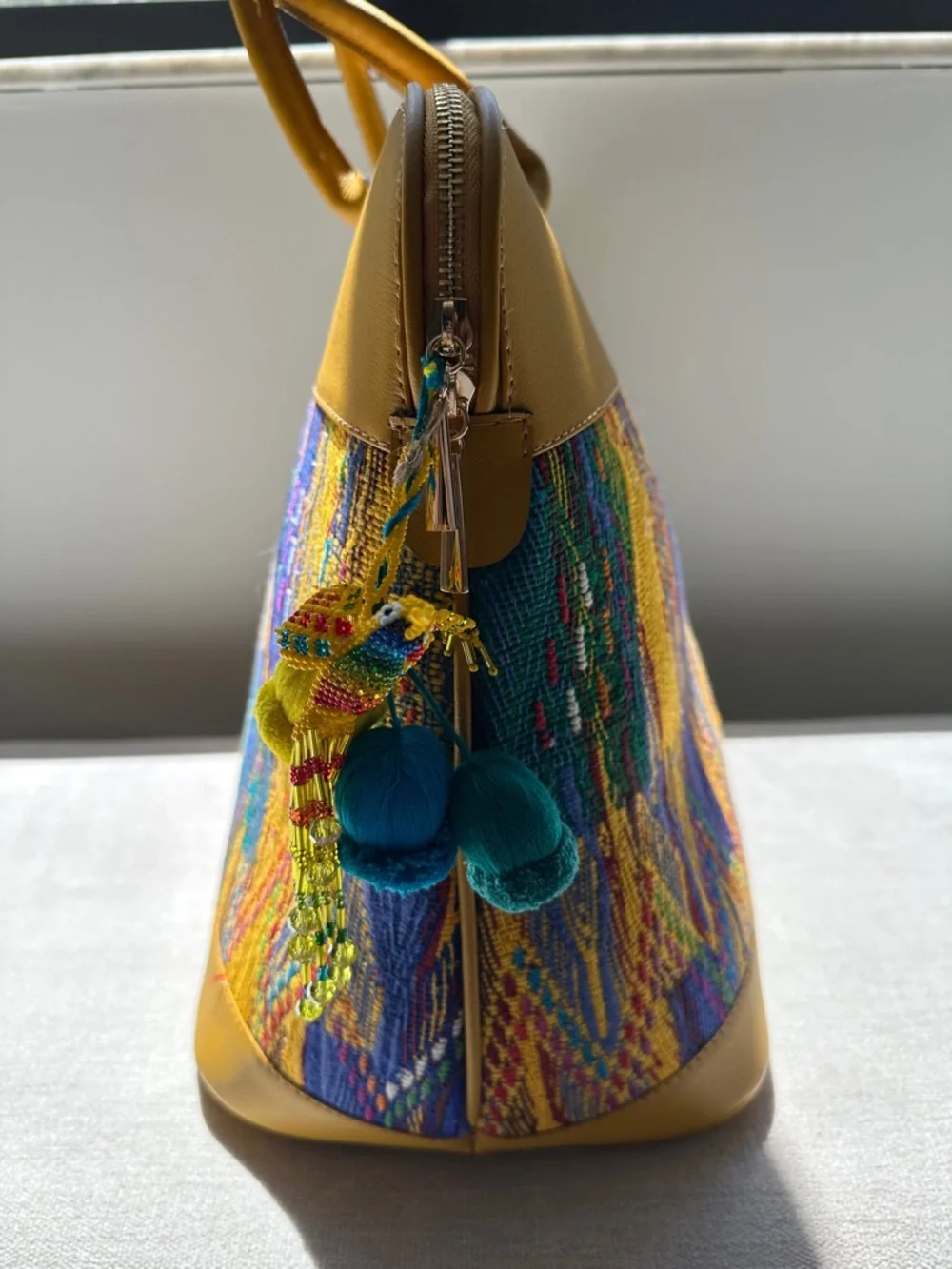 Guatemalan  leather and Embroidered Travel Tote Bag with Multicolor Panel - Picture 6 of 17